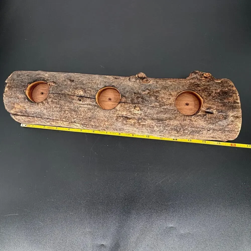 Primitive Natural Log Wood Candleholder 3 Hole Votive Tealight Centerpiece Cabin